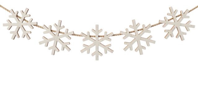 Rustic wooden snowflake garland, elegant Christmas decor, festive winter background, cozy holiday celebration aesthetic, natural white decorations, seasonal design element