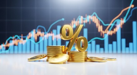 Financial growth concept Golden percentage symbol and coins on a background of financial charts and graphs, symbolizing growth and interest rates