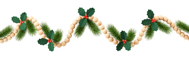 Christmas festive garland, wooden beads, green pine needles, red holly berries, cozy winter holiday decor. Elegant seasonal background, celebration aesthetic, seamless border element.