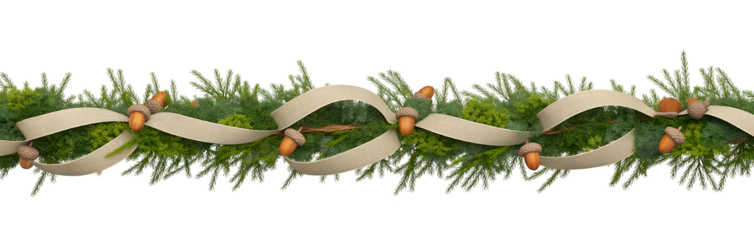 Elegant Christmas garland border with natural green foliage, acorns, and a cozy beige ribbon on black. Perfect holiday decor, festive background, winter celebration aesthetic. - Powered by Adobe