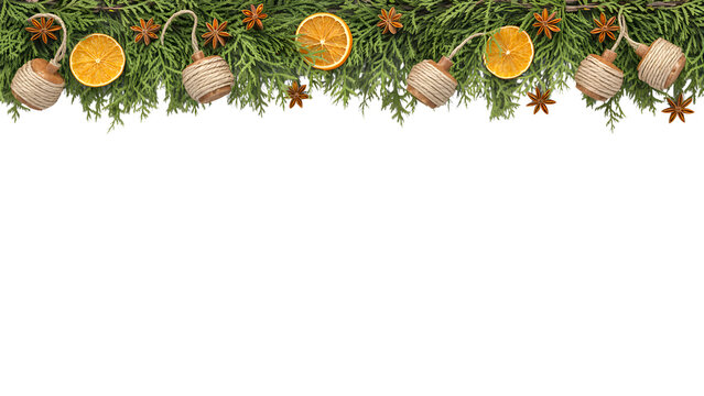 Festive Christmas holiday border with evergreen branches, dried orange slices, star anise, and rustic decor. Cozy, elegant winter background for celebrations, greetings, aesthetic.