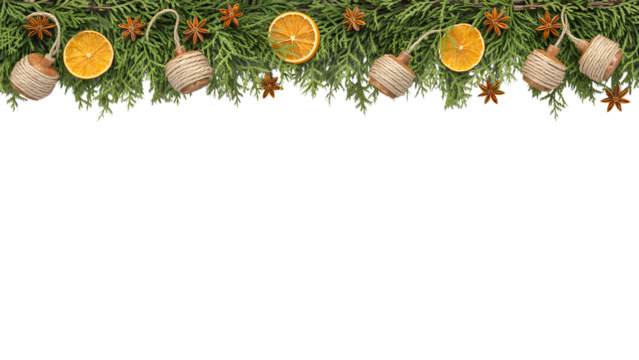 Festive Christmas holiday border with evergreen branches, dried orange slices, star anise, and rustic decor. Cozy, elegant winter background for celebrations, greetings, aesthetic.