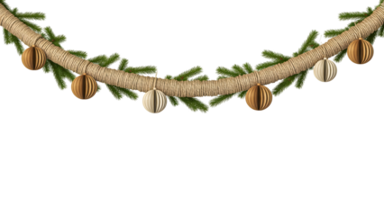 Christmas holiday garland with festive brown and cream rustic paper ornaments, green pine branches, elegant twine, cozy winter decor, celebration aesthetic, isolated on black background.