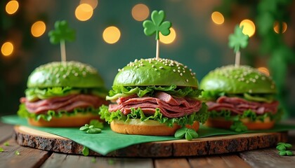 Three green burgers with shamrock picks sit on wood. Burgers feature corned beef, lettuce. Perfect for St Patricks Day events parties festive meals celebrations. Green buns complete holiday scene.