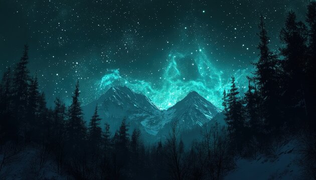 Majestic snow-capped peaks glow beneath a vibrant celestial display above a dark forest silhouette