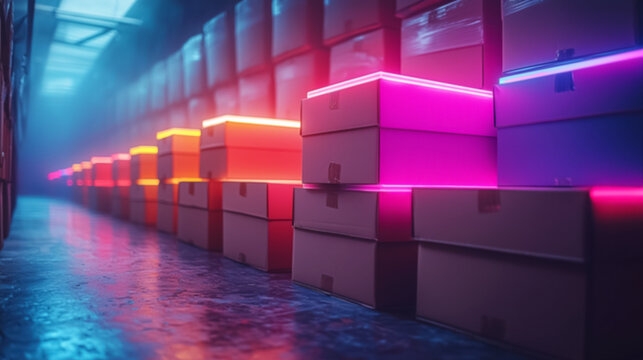 Futuristic warehouse corridor with glowing boxes and blue pink neon lights. Digital logistics, smart shipping, retail fulfillment. Black Friday, Cyber Monday, retail marketing, holiday promotion.
