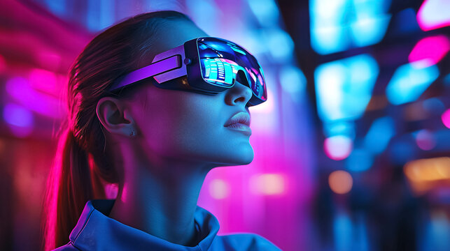 Cyberpunk portrait of woman with VR headset in neon environment. Virtual commerce, Cyber Monday, Black Friday shopping. E-commerce future, immersive digital marketing. Seasonal holiday sales. - Powered by Adobe