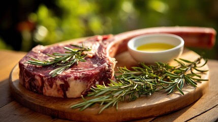 Tomahawk Steak with Fresh Rosemary and Olive Oil Ready for Grilling
