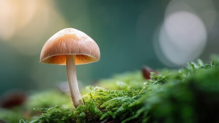 Mushroom Growing on Moss in a Soft Sunlit Forest Clearing