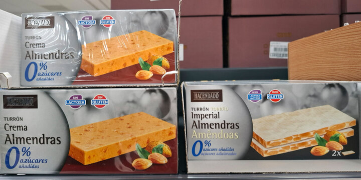 DENIA, SPAIN - November 12, 2025.Discover sugar-free turron on supermarket shelves in Spain during the festive season
