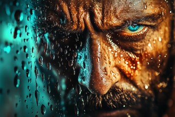 A rugged, wet face with piercing blue eyes conveys resilience and raw emotion. The image evokes grit, endurance, and powerful human expression.