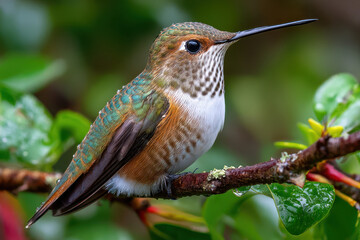 Obraz premium Hummingbird Perched on Branch in the Rain