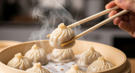 Steaming Dumplings A Culinary Delight of Asian Cuisine in a Bamboo Steamer, Offering a Taste of Tradition
