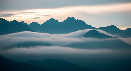 Majestic mountain silhouettes piercing through a sea of ethereal clouds, a tranquil landscape scene at dawn or dusk