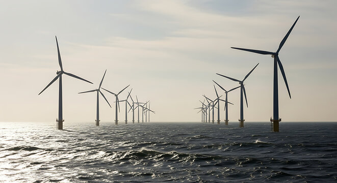 Offshore wind farm towering turbines efficiently harness powerful ocean winds, generating clean, sustainable renewable electricity for a greener future