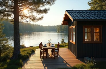 Lake house at sunrise. Wooden cabin with table and chairs on deck. Forest and calm water in background. Swedish summer holiday scenic view. Nature escape at lakeside retreat is wonderful.