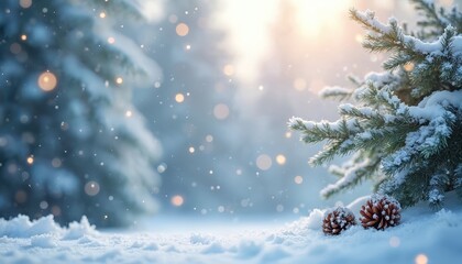 Frosted spruce branches cover a snowy forest floor. Bokeh Christmas lights create a magical winter scene with soft light and falling snow. Ample space available for text or graphic design.