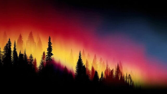 4K Minimalist vector illustration of a forest wildfire consuming trees, with bold red and orange flames contrasting against black charred trunks. The style is flat