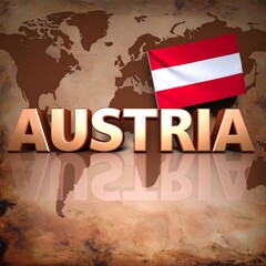 "AUSTRIA" in bold letters stands out on a vintage map, accompanied by the country’s flag. The design highlights geography, patriotism, and Austrian identity.