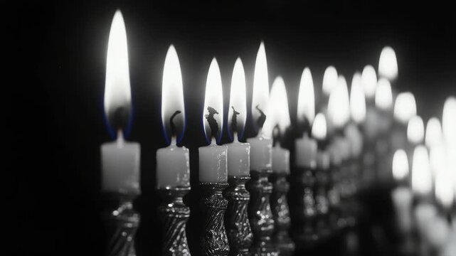 Votive candles lit on a Jewish holiday menorah.