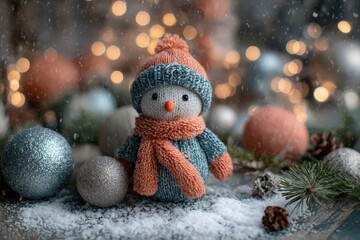 Obraz premium Knitted snowman figurine sits among sparkling ornaments during falling snow