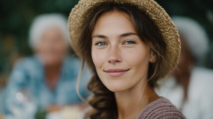 Woman with a straw hat is smiling at the camera