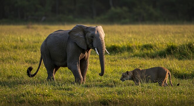 Elephant and Cougar in Grassland - Powered by Adobe