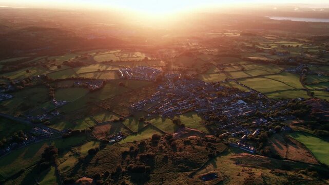 Golden Hour Aerial View Over Welsh Countryside