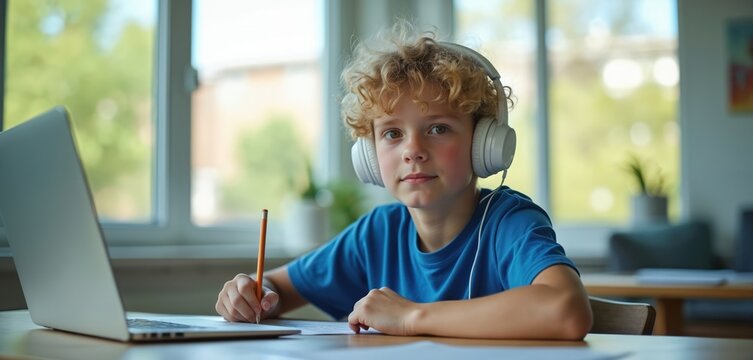 Blond schoolboy studies at desk. Boy in headphones using laptop writes notes. Child attends online school class listening to tutor on notebook computer. Student learns remotely at home.