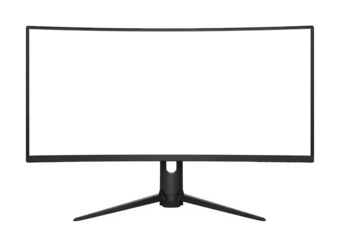 "Modern Black Curved Gaming Monitor with Blank White Screen, Isolated on Transparent Background PNG"