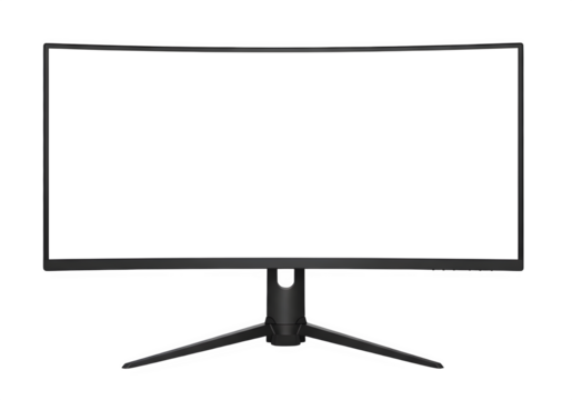 "Modern Black Curved Gaming Monitor with Blank White Screen, Isolated on Transparent Background PNG"