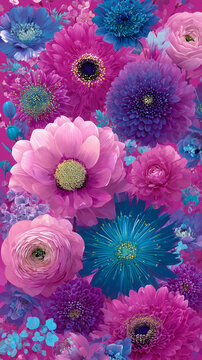 Intensywnie kolorowa, bogata kompozycja r&oacute;żnych kwiat&oacute;w w odcieniach fuksji, r&oacute;żu, głębokiego fioletu i elektryzującego błękitu, tworząca gęsty wz&oacute;r.