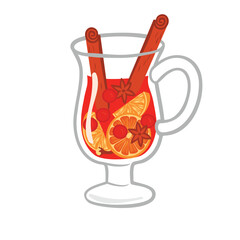 Glass cup with spicy wine isolated on a white background. Festive drink with cinnamon, clove, star anise, orange, red berries. Vector colorful illustration for winter holidays banner template, card.