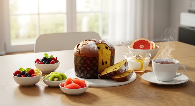 Panettone cake with fresh fruit bowls yogurt and tea on a wooden table in a bright home setting indoor