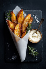 Knusprige Kartoffelwedges auf dunklem Hintergrund