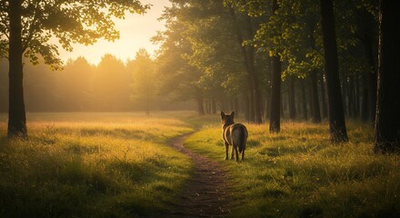 Dog Standing on Path in a Sunny Forest