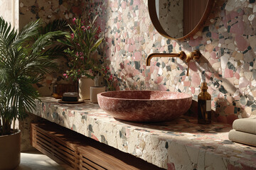 Nowoczesna łazienka z blatem i ścianami z r&oacute;żowego lastryko (terrazzo). Na blacie kamienna, okrągła umywalka i złota armatura, otoczona roślinami.