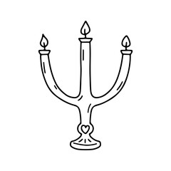 Hand drawn black line tea candle candelabrum icon vector illustration. Linear monochrome doodle candlestick