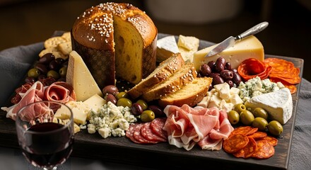 A wooden board filled with bread cheese meats olives and a glass of red wine in a dimly lit setting