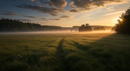 Sunrise Over Grassy Field and Forest with Fog