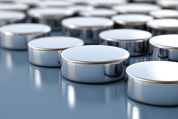 Metallic circular cylinders arranged in glossy pattern for modern industrial branding.

