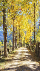 Słoneczna, polna droga w jesiennej alei wysokich drzew. Intensywnie ż&oacute;łte korony rzucają cienie na ścieżkę. W tle majaczą niebieskie g&oacute;ry.