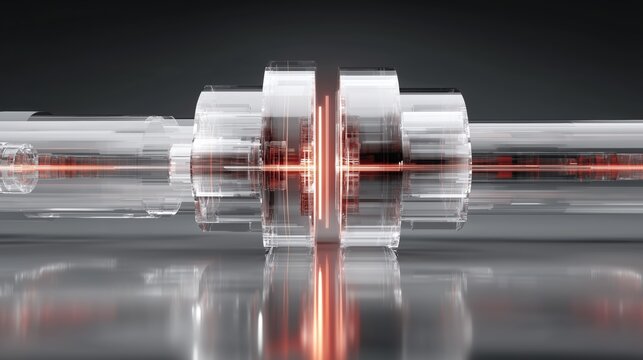 Transparent mechanical core with glowing red light reflection for futuristic product branding.

