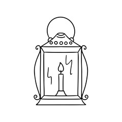 Hand drawn black line vintage candle lantern icon vector illustration. Linear monochrome doodle antique lamp