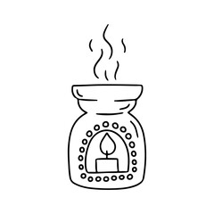Hand drawn black line aroma lamp icon vector illustration. Linear monochrome doodle hygge candle clipart