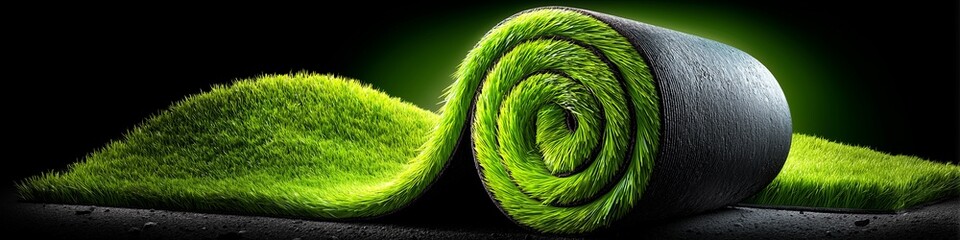 A rolled-up artificial turf unfurls to reveal lush, vibrant green grass beneath. evoking tranquility and wellness, freshness, transformation, and the allure of outdoor spaces indoors.