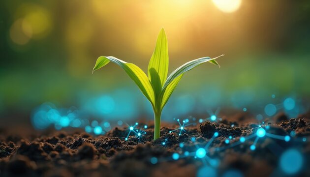 Corn sprout with data flow network on soil. Young maize plant grows on agricultural field. Farming, eco innovation concept of digital agronomy in smart agriculture and precision cultivation. - Powered by Adobe