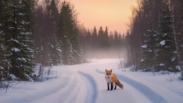 Snowy forest scene featuring a fox on a winter road at sunset in a serene landscape