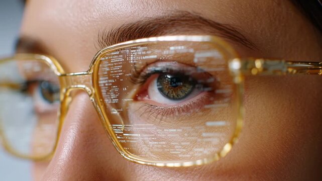 Authentic eye reflects minimalist UI data, wearing butter yellow geometric glasses. Visualize future technology with minimalist pastel UI data reflections in the eye.