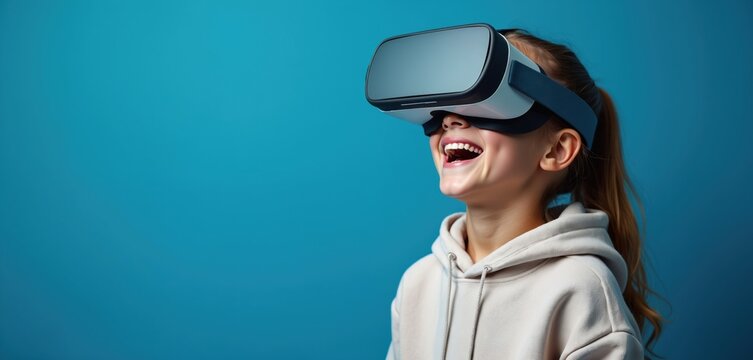 Young girl laughs wearing virtual reality headset glasses. Future tech device offers immersive entertainment, games. Kid explores digital world with new gadget. Fun experience with futuristic